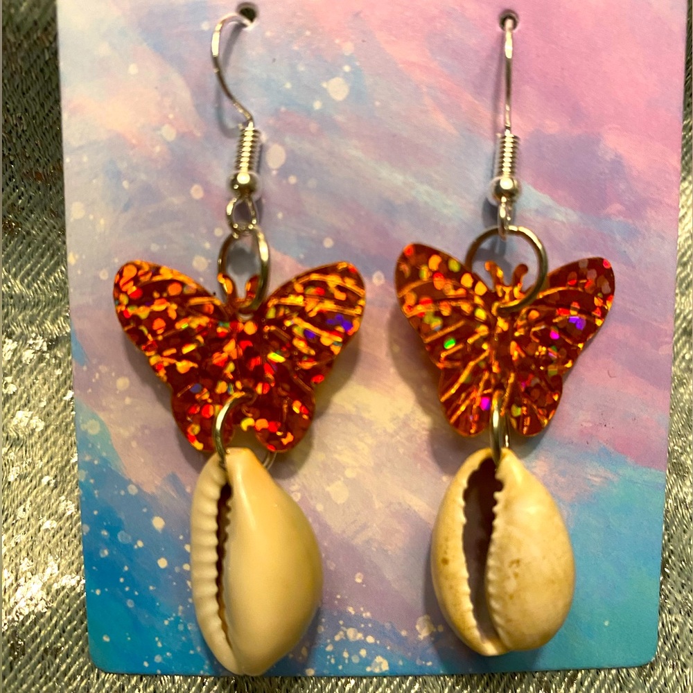Butterfly seashell earrings holographic iridescent kawaii sequin dangles
